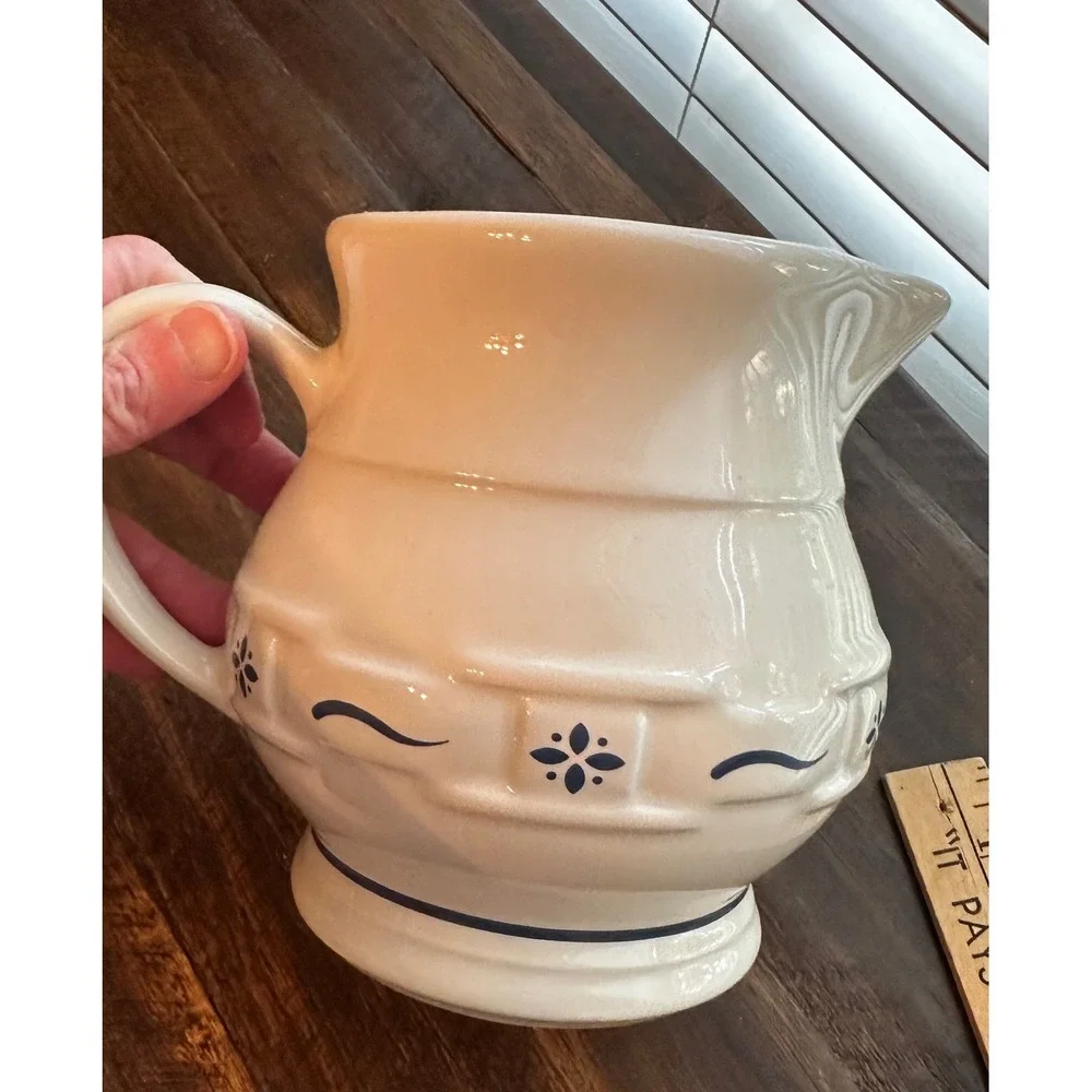 Longaberger Pottery Woven Traditions Ivory Blue Pitcher 6 inch USA Stoneware